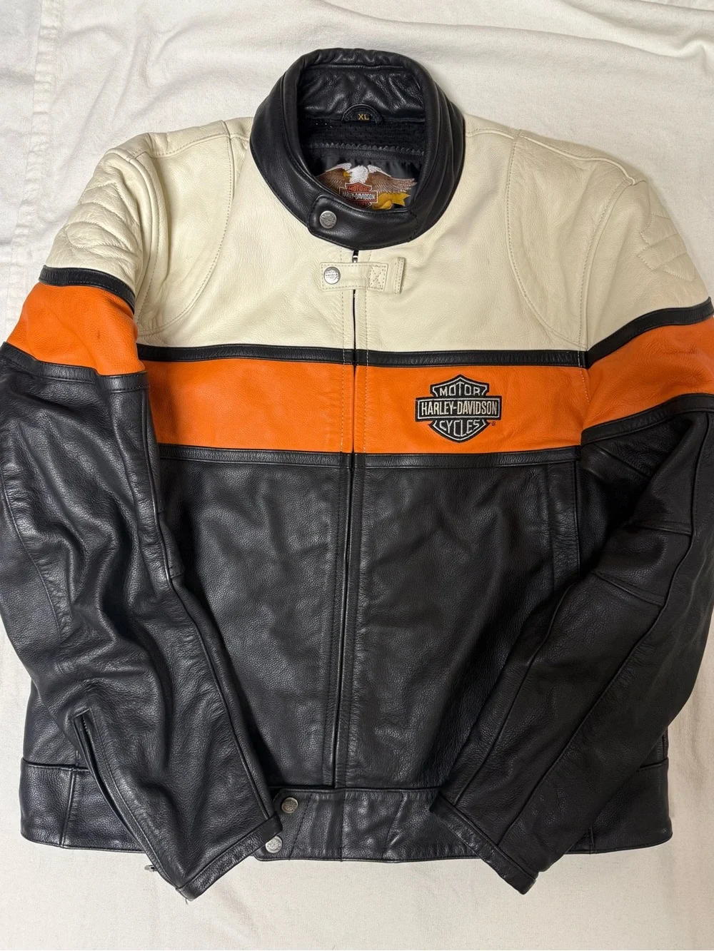 Harley-Davidson Men’s Tricolor Leather Motorcycle Jacket - Black/Orange/Cream